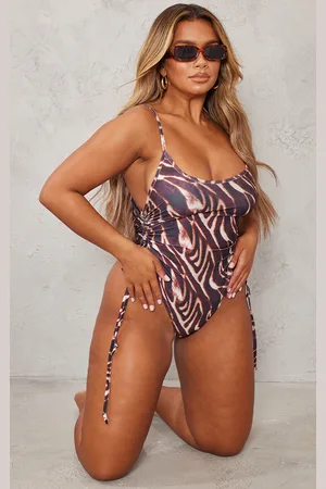PRETTYLITTLETHING Shape Zebra Print Ruched Side High Rise Swimsuit