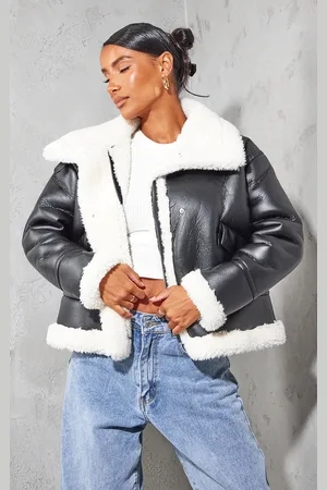 PRETTYLITTLETHING Faux Fur Lined Faux Leather Buckled Aviator Jacket