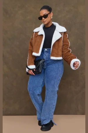 PRETTYLITTLETHING Plus Borg Lined Faux Suede Super Cropped Aviator