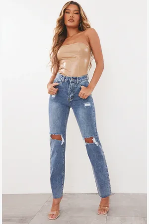 PRETTYLITTLETHING Mid Wash High Rise Ripped Straight Leg Jeans