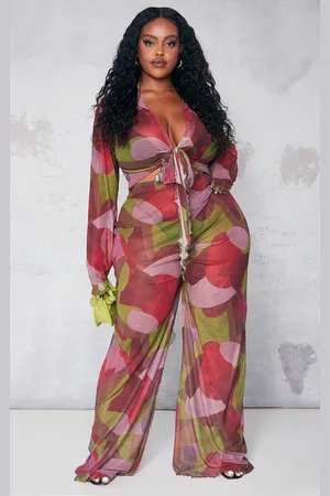 PRETTYLITTLETHING Plus Print Mesh Wide Leg Trousers