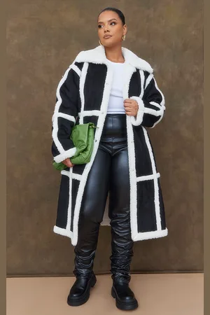 PRETTYLITTLETHING Plus Faux Suede Square Borg Panelled Coat