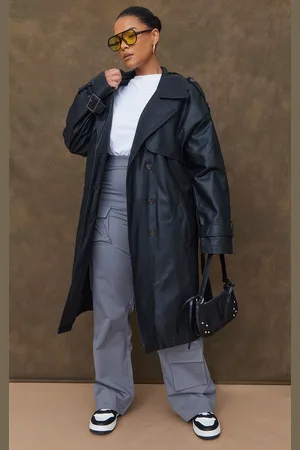 PRETTYLITTLETHING Plus Faux Leather Statement Buckle Trench Coat