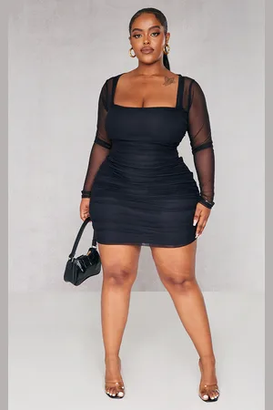 PRETTYLITTLETHING Plus Mesh Square Neck Ruched Bodycon Dress