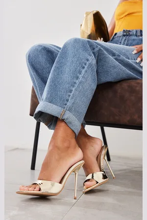 PRETTYLITTLETHING Gold Mirrored Point Toe High Stiletto Heeled Mules