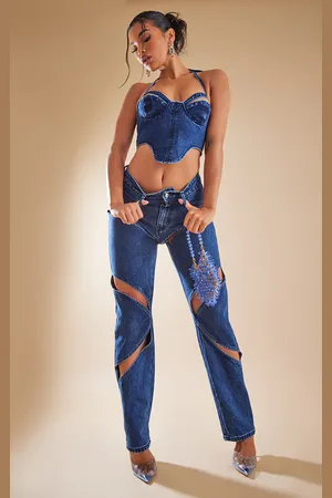 PRETTYLITTLETHING Cut Out Thigh Straight Leg Jeans