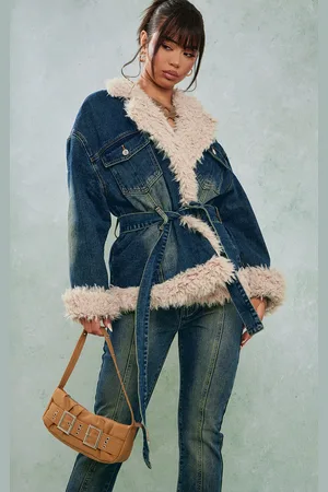 PRETTYLITTLETHING Borg Contrast Tie Waist Denim Jacket