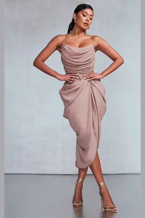 PRETTYLITTLETHING Taupe Chiffon Corset Bandeau Draped Midi Dress