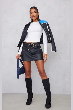 PRETTYLITTLETHING Statement Belt Coated Denim Mini Skirt