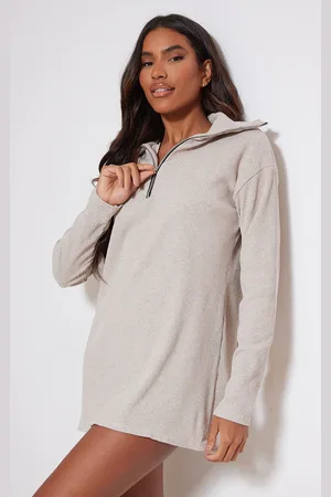 PRETTYLITTLETHING Rib High Neck Half Zip Oversized Jumper Dress