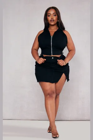 PRETTYLITTLETHING Plus Stretch Denim Split Detail Mini Skirt