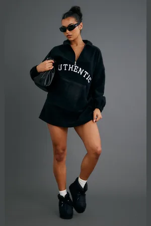 PRETTYLITTLETHING Authentic Slogan Half Zip Fleece Jumper Dress