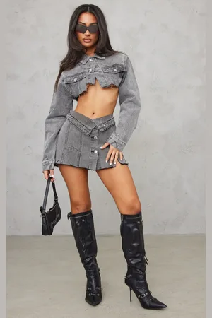 PRETTYLITTLETHING Petite Distressed Button Front Denim Micro Mini Skirt