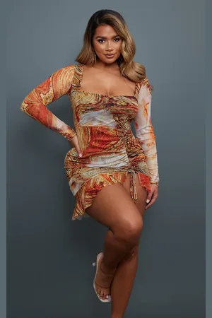 PRETTYLITTLETHING Shape Swirl Print Mesh Long Sleeve Ruched Side Frill Hem Bodycon Dress