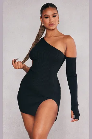 PRETTYLITTLETHING Rib Knit One Sleeve Split Mini Dress