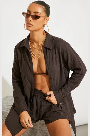 PRETTYLITTLETHING Dark Soft Crinkle Oversized Beach Shirt Dress