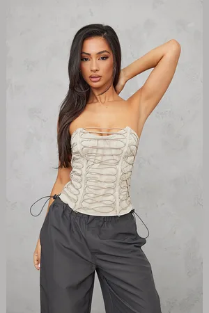 Stone Floral Print Woven Structured Lace Up Corset Crop Top, White, £7.75
