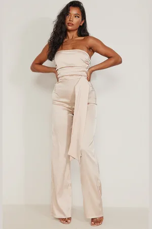 PRETTYLITTLETHING Champagne Satin Bandeau Pleat Detail Tie Side Jumpsuit