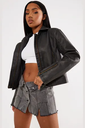PRETTYLITTLETHING Distressed Look Faux Leather Boxy Fit Biker Jacket