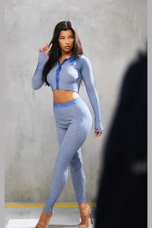 PRETTYLITTLETHING Navy Two Tone Knit High Waist Leggings