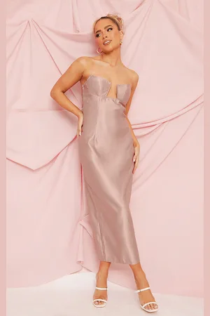 PRETTYLITTLETHING Mauve Satin V Bar Bandeau Midi Dress