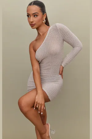PRETTYLITTLETHING Petite Beige Distressed One Shoulder Mini Dress
