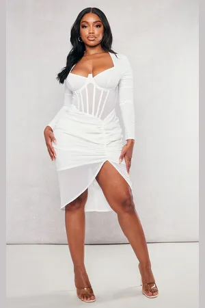 PRETTYLITTLETHING Shape Cream Corset Detail Long Sleeve Ruched Midi Dress