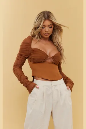 PRETTYLITTLETHING Mesh Cup Detail Ruched Sleeve Corset