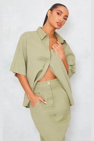 PRETTYLITTLETHING Khaki Linen Look Oversized Boxy Short Sleeve Shirt