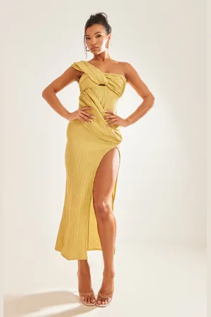 PRETTYLITTLETHING Olive Textured One Shoulder Drape Split Midaxi Dress