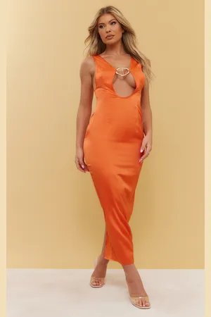 PRETTYLITTLETHING Satin Plunge Trim Detail Strappy Midaxi Dress