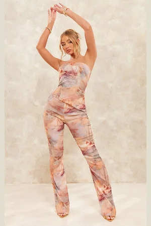 PRETTYLITTLETHING Nude Renaissance Print Stretch Woven Straight Leg Trousers
