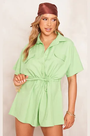 PRETTYLITTLETHING Linen Look Tie Waist Shirt Style Playsuit