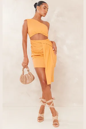 PRETTYLITTLETHING Linen Look One Shoulder Cut Out Drape Bodycon Dress