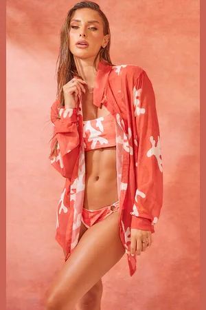 PRETTYLITTLETHING Coral Print Chiffon Oversized Beach Shirt
