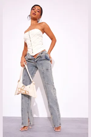 PRETTYLITTLETHING Petite Seam Back Foldover Waistband Straight Leg Jeans