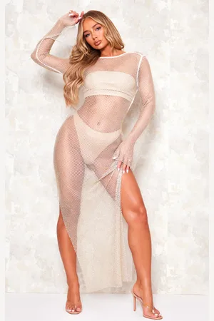 Diamante Fishnet Slash Neck Maxi Dress