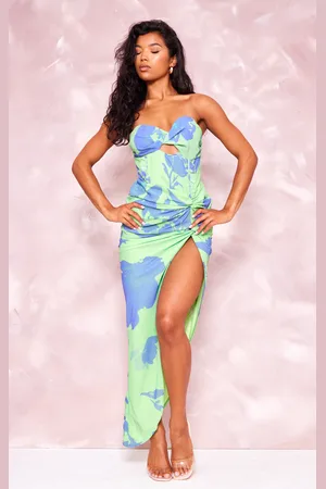 PRETTYLITTLETHING Floral Twist Split Bandeau Maxi Dress