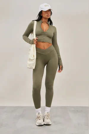 PRETTYLITTLETHING Olive Seamless Cross Front Seam Detail Leggings
