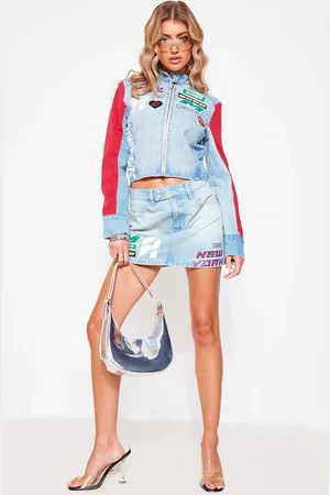 PRETTYLITTLETHING Racer Slogan Denim Mini Skirt