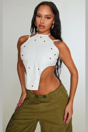 PRETTYLITTLETHING Faux Leather Halter Neck Contrast Stitch Backless Cross Long Top