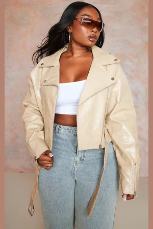 PRETTYLITTLETHING Plus Stone Croc Faux Leather Oversized Biker Jacket