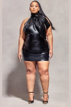 PRETTYLITTLETHING Plus Croc PU Bow Detail Bodycon Dress