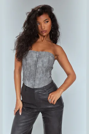 PRETTYLITTLETHING Charcoal Washed Faux Leather Hook And Eye Structured Corset