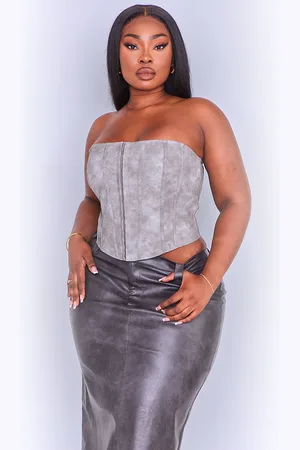PRETTYLITTLETHING Plus Charcoal Washed Faux Leather Hook And Eye Structured Corset