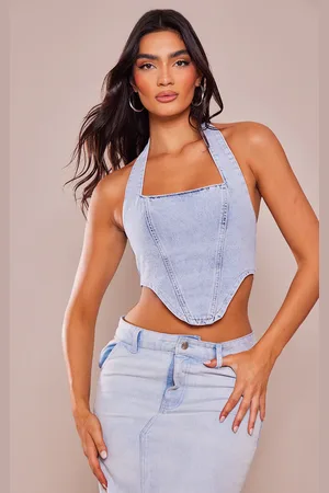 PRETTYLITTLETHING Denim Dip Hem Halterneck Top