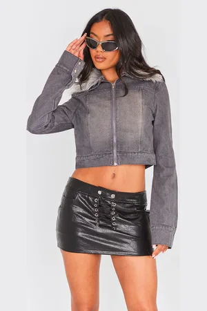 PRETTYLITTLETHING Faux Fur Trim Denim Biker Jacket