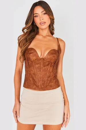 PRETTYLITTLETHING Washed Faux Leather Boned Bust Detail Corset