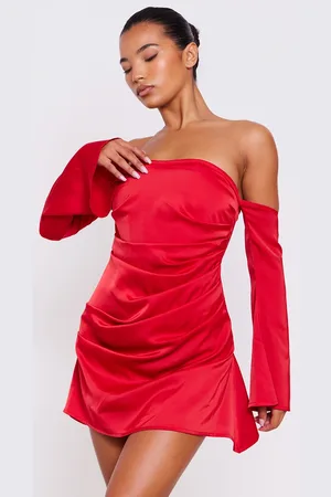 PRETTYLITTLETHING Satin Corset Bardot Ruched Long Sleeve Shift Dress
