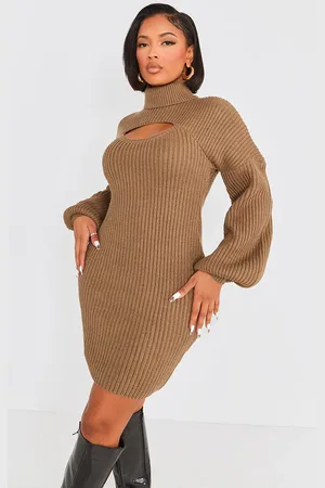PRETTYLITTLETHING Shape Khaki 2 In 1 High Neck Balloon Sleeve Bodycon Jumper Dress